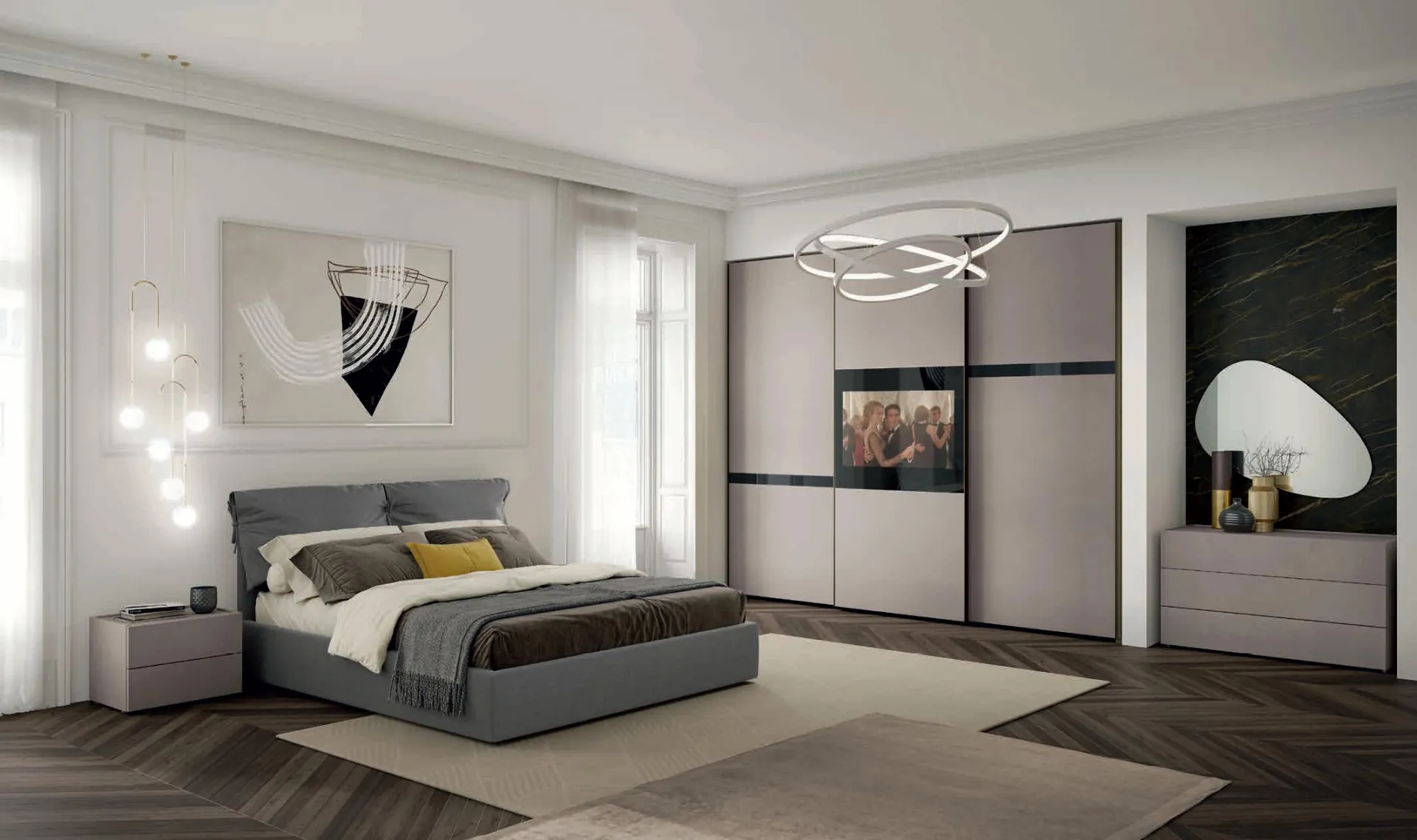 Camera da letto Moderno 05 Artigianmobili con letto grigio e armadio con TV