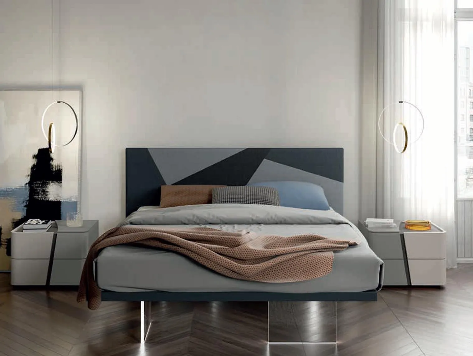 Letto Slim con testata a triangoli di velluto della camera Moderno 06 Artigianmobili