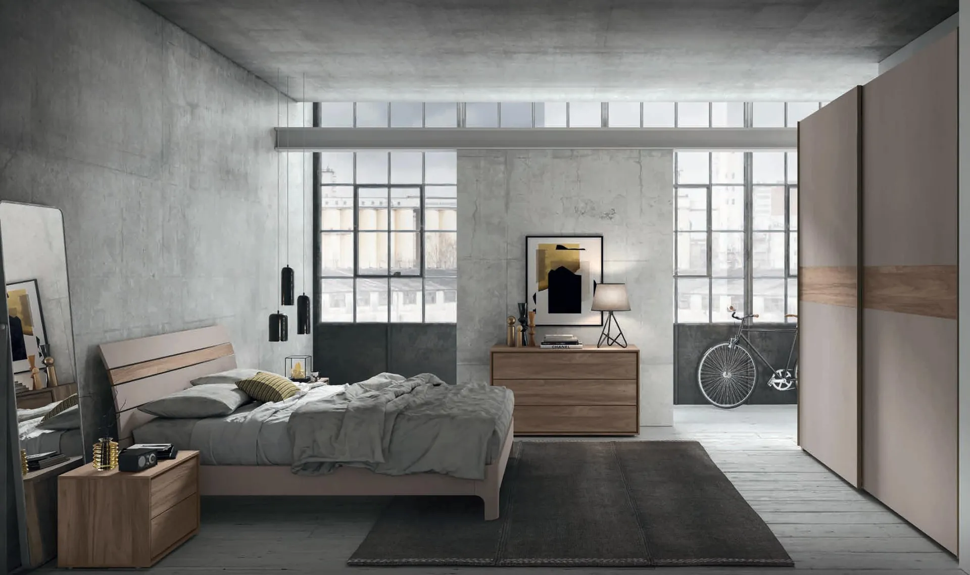 Camera da letto Moderno 09 Artigianmobili in un loft con letto Doga