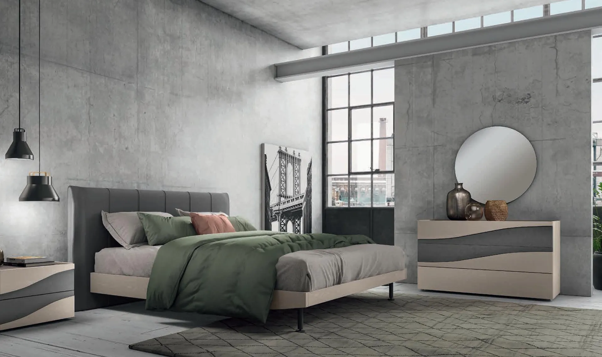 Camera da letto Moderno 11 Artigianmobili con letto grafite e comò Intrigo