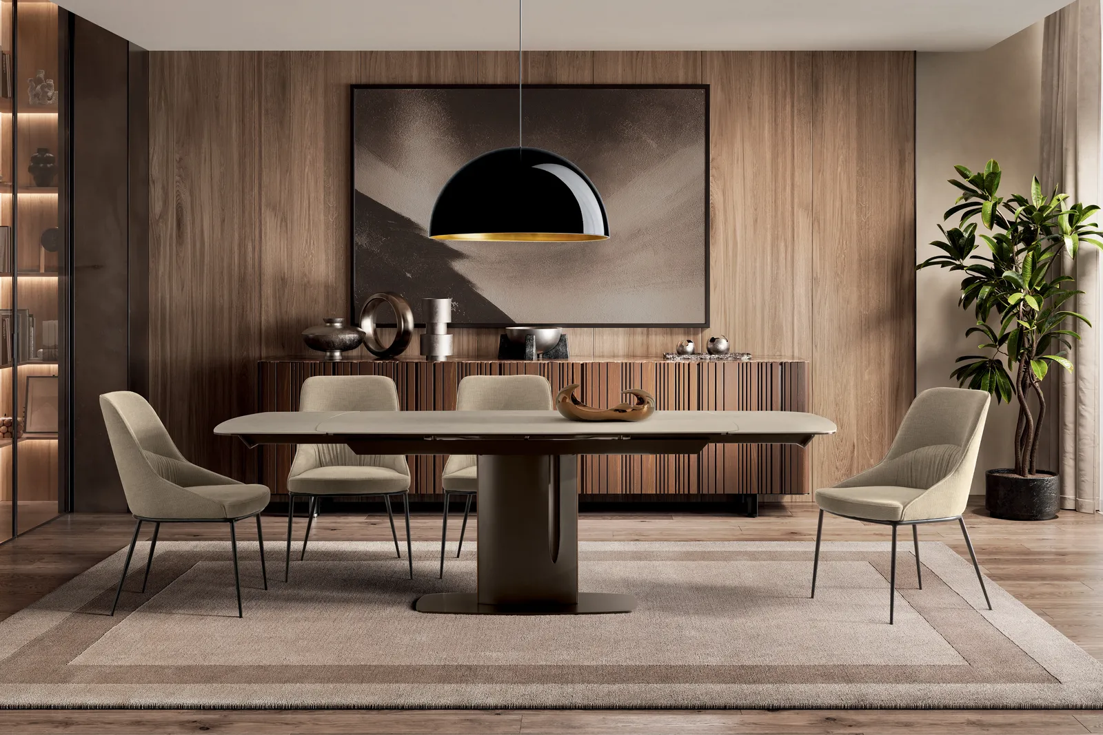 Tavolo allungabile Keel Stones con piano effetto pietra avorio e base centrale bronzo in una sala da pranzo con boiserie
