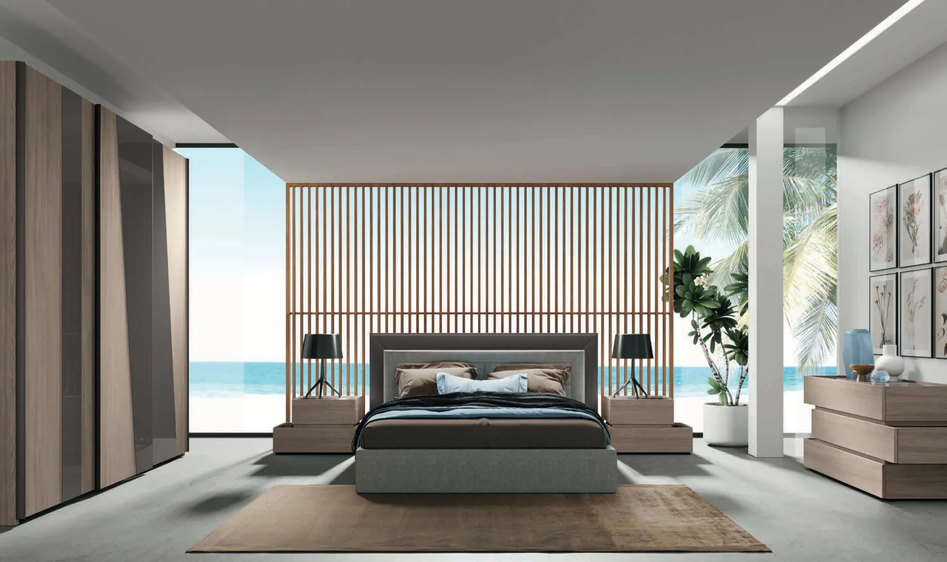 Camera da letto Moderno 20 Artigianmobili con parete a doghe e vista sul mare