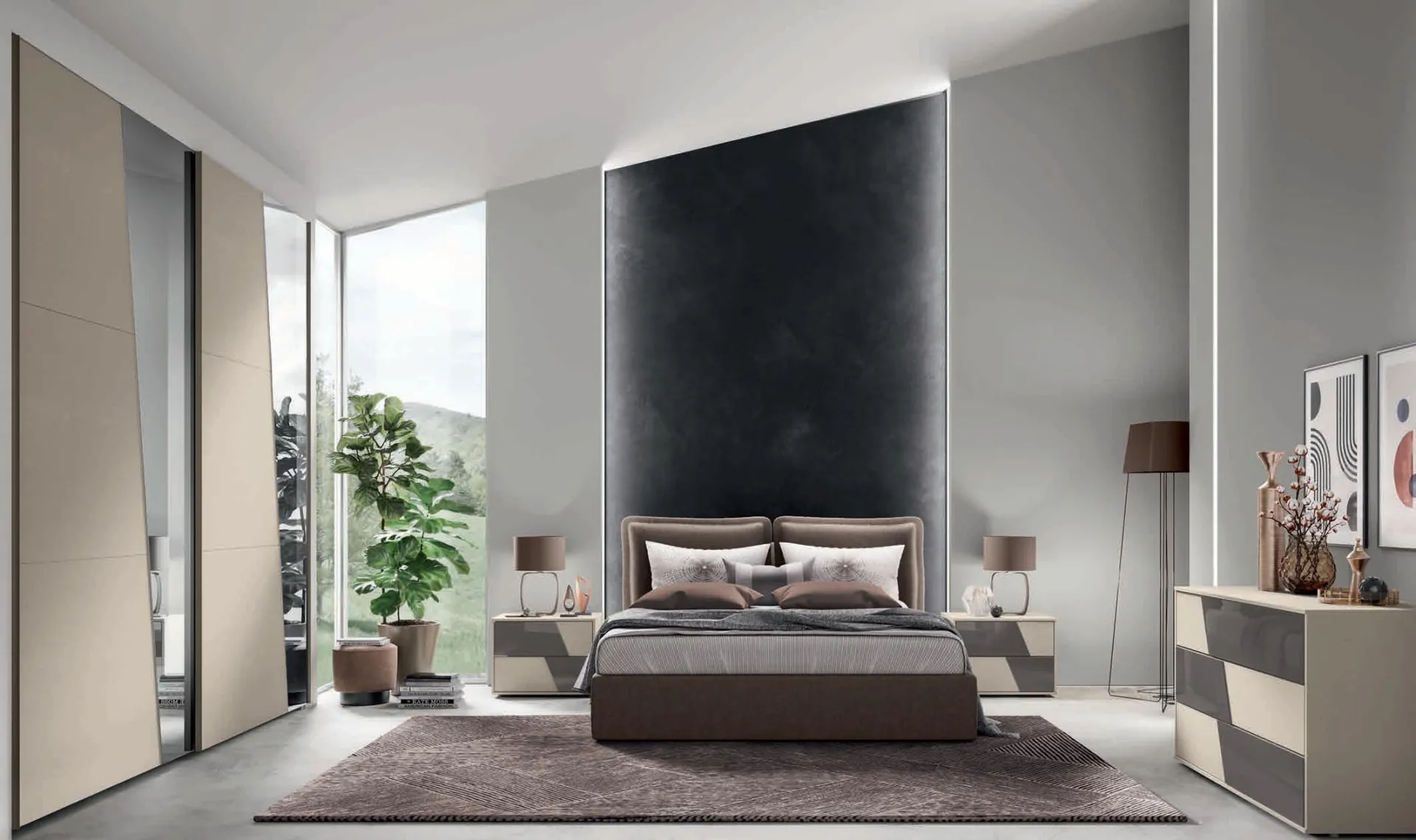 Camera da letto Moderno 21 Artigianmobili con letto Duetto e parete scura