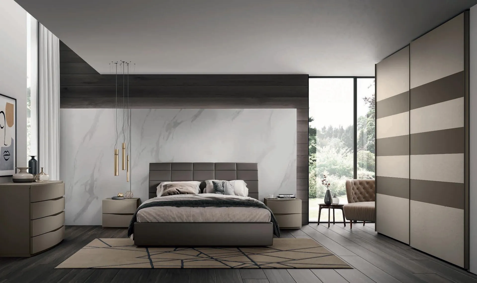 Camera da letto Moderno 24 Artigianmobili con armadio Trio a fasce e letto moro
