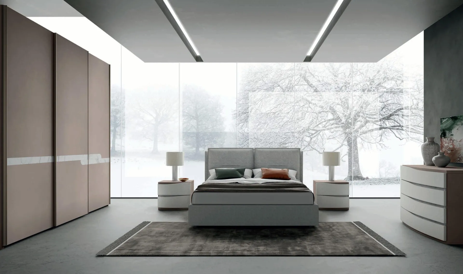 Camera da letto Moderno 25 Artigianmobili con vetrata sulla neve e letto bianco