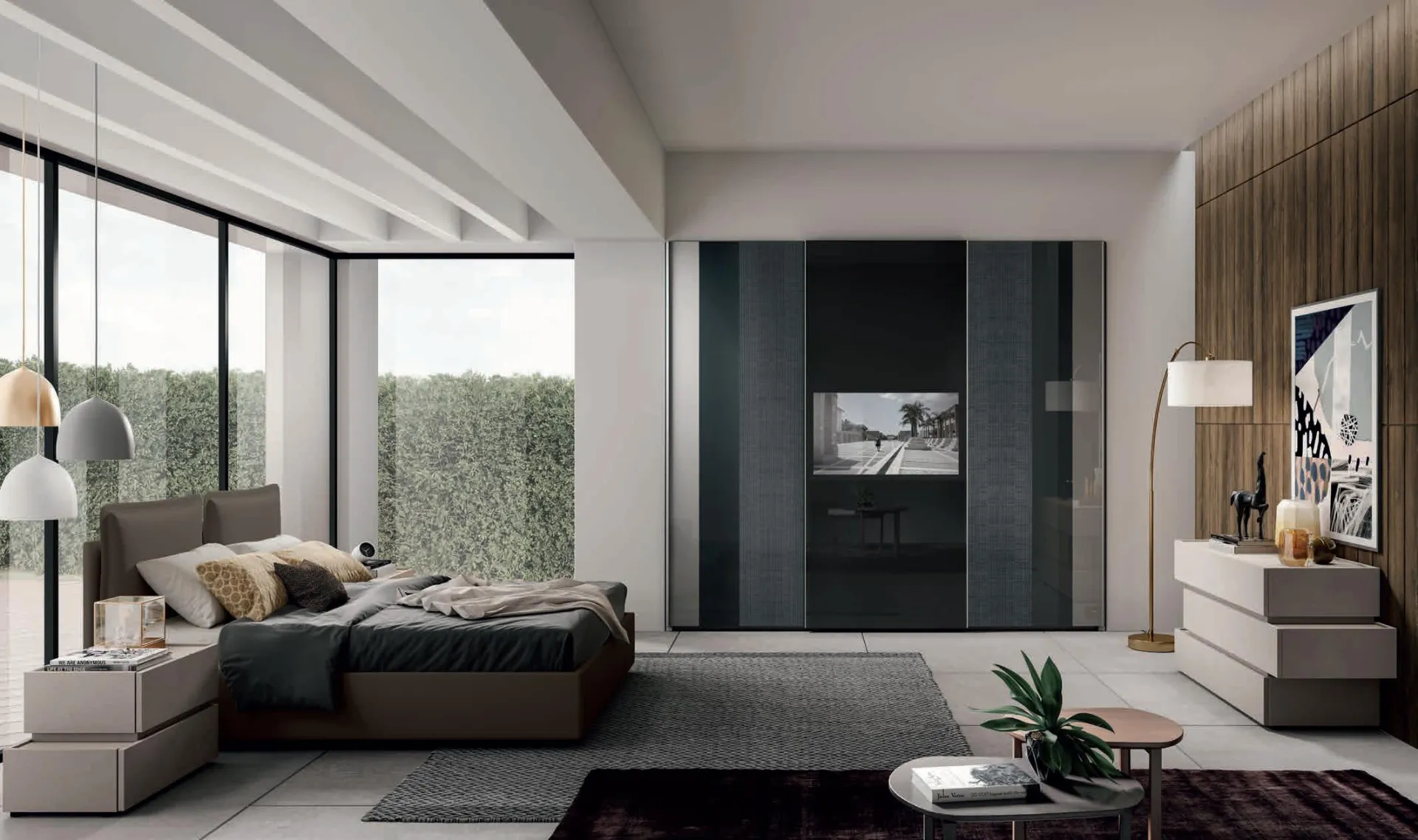Camera da letto Moderno 26 Artigianmobili con armadio in vetro scuro e TV