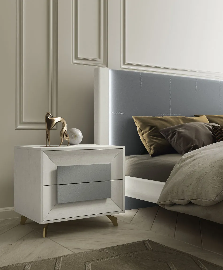Comodino Diamante 01 Artigianmobili bianco con inserto in pelle grigia
