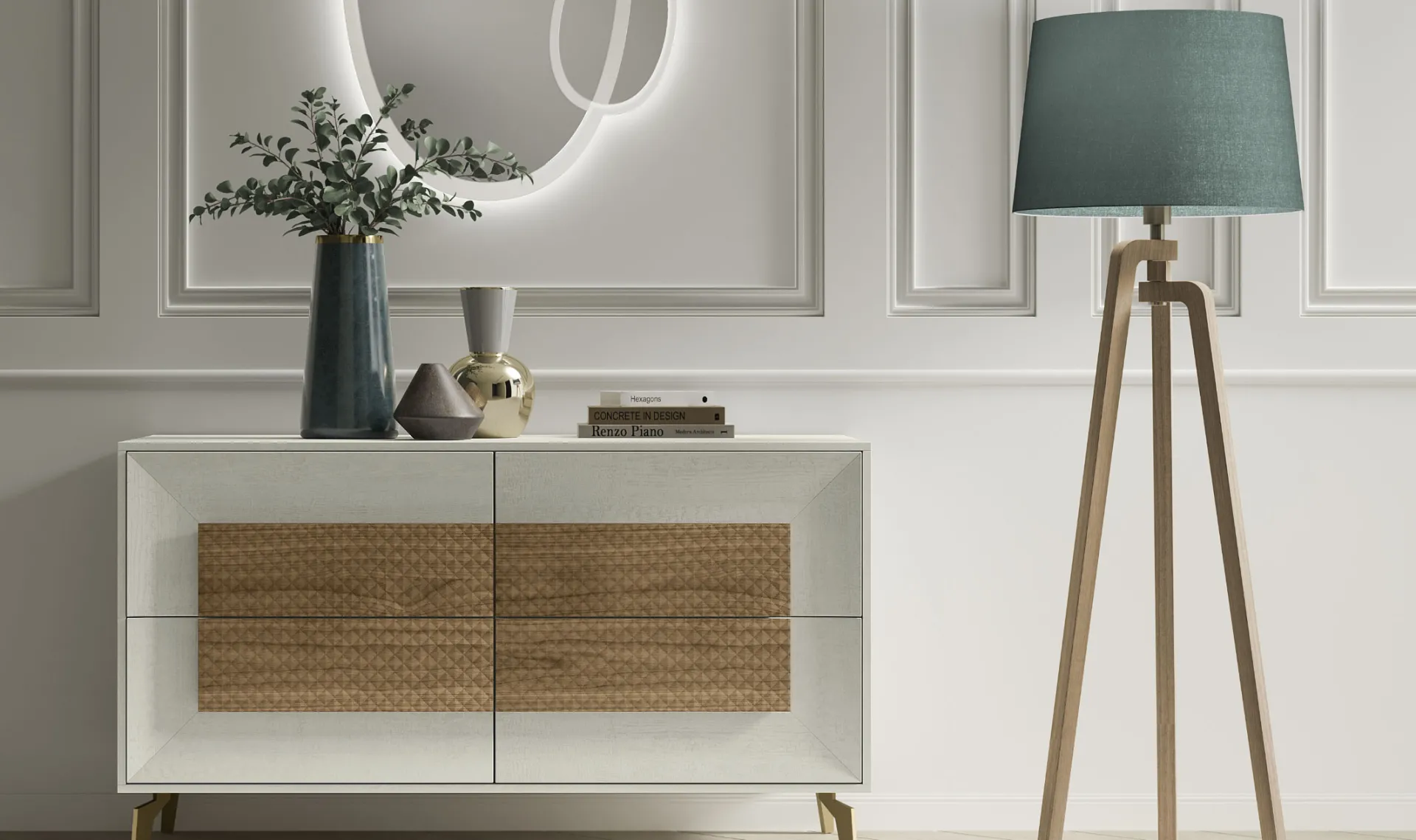 Comò Diamante 03 Artigianmobili bianco con frontali a texture noce e specchio