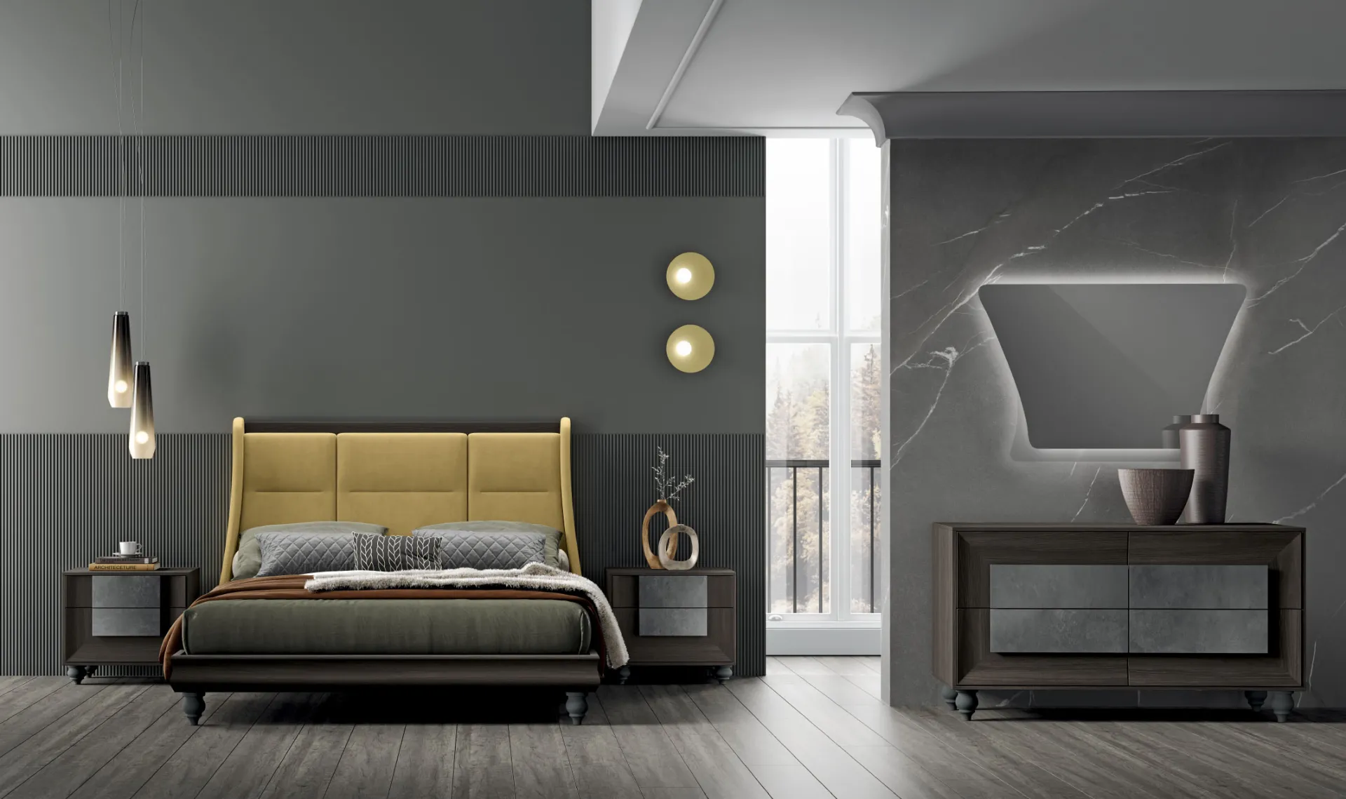 Camera da letto Gotico 02 Artigianmobili con testata ocra e comò scuro