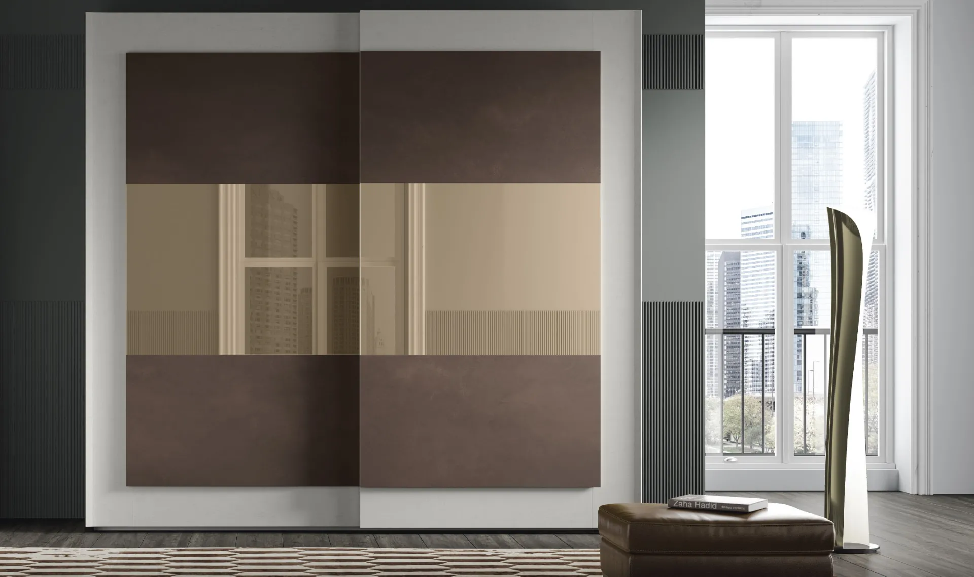 Armadio scorrevole Gotico 03 Artigianmobili con riquadri in vetro laccato bronzo