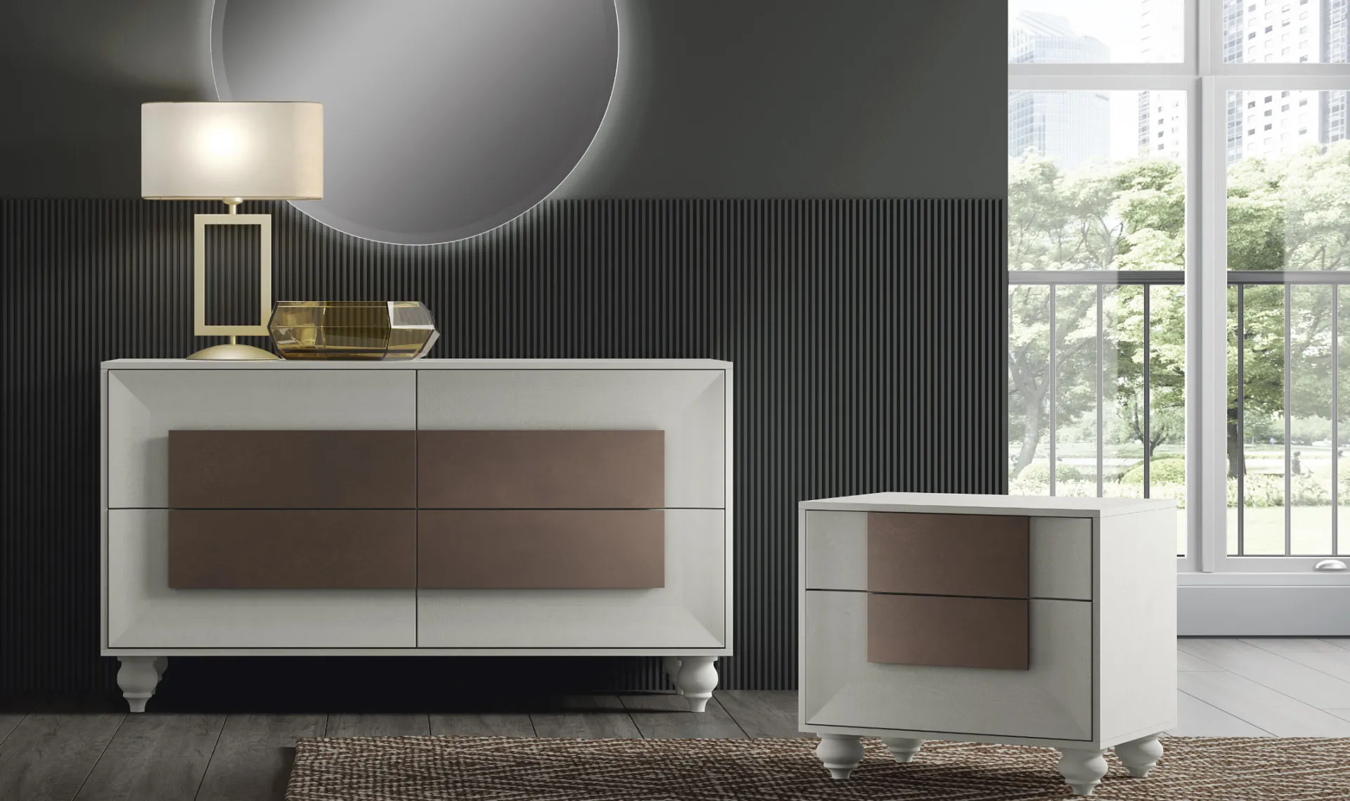 Comò e comodino Gotico 04 Artigianmobili bianco Dea con applicazione bronzo