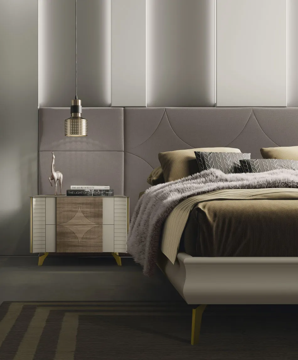 Letto Tiffany 01 Artigianmobili con testata in tessuto tortora e comodino
