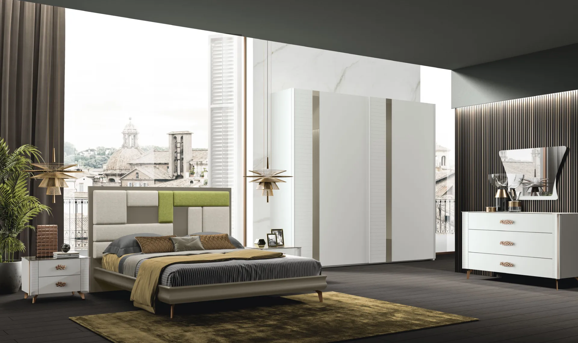 Camera da letto Gemme 01 Artigianmobili con letto Griffe e armadio bianco