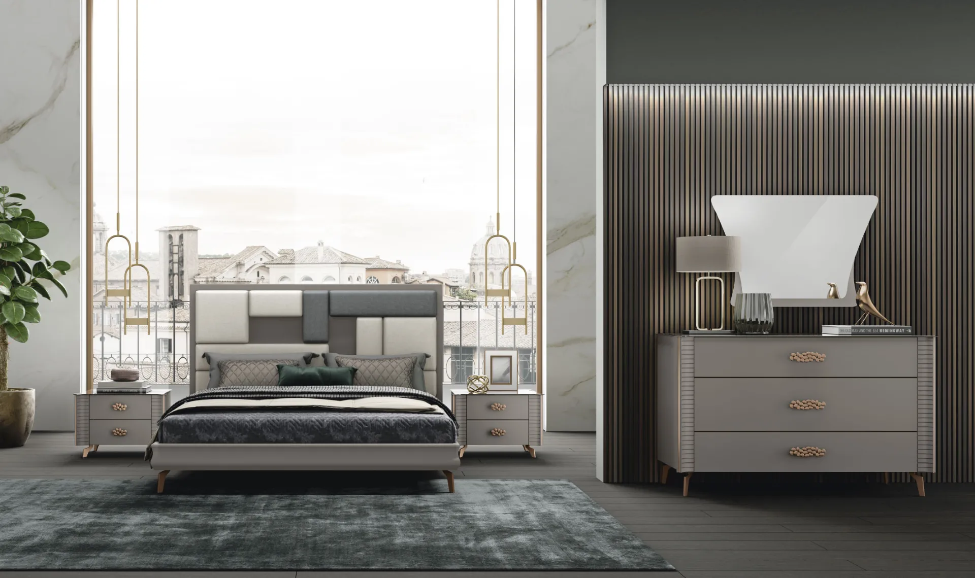 Camera da letto Gemme 02 Artigianmobili con testata a riquadri e comò bianco