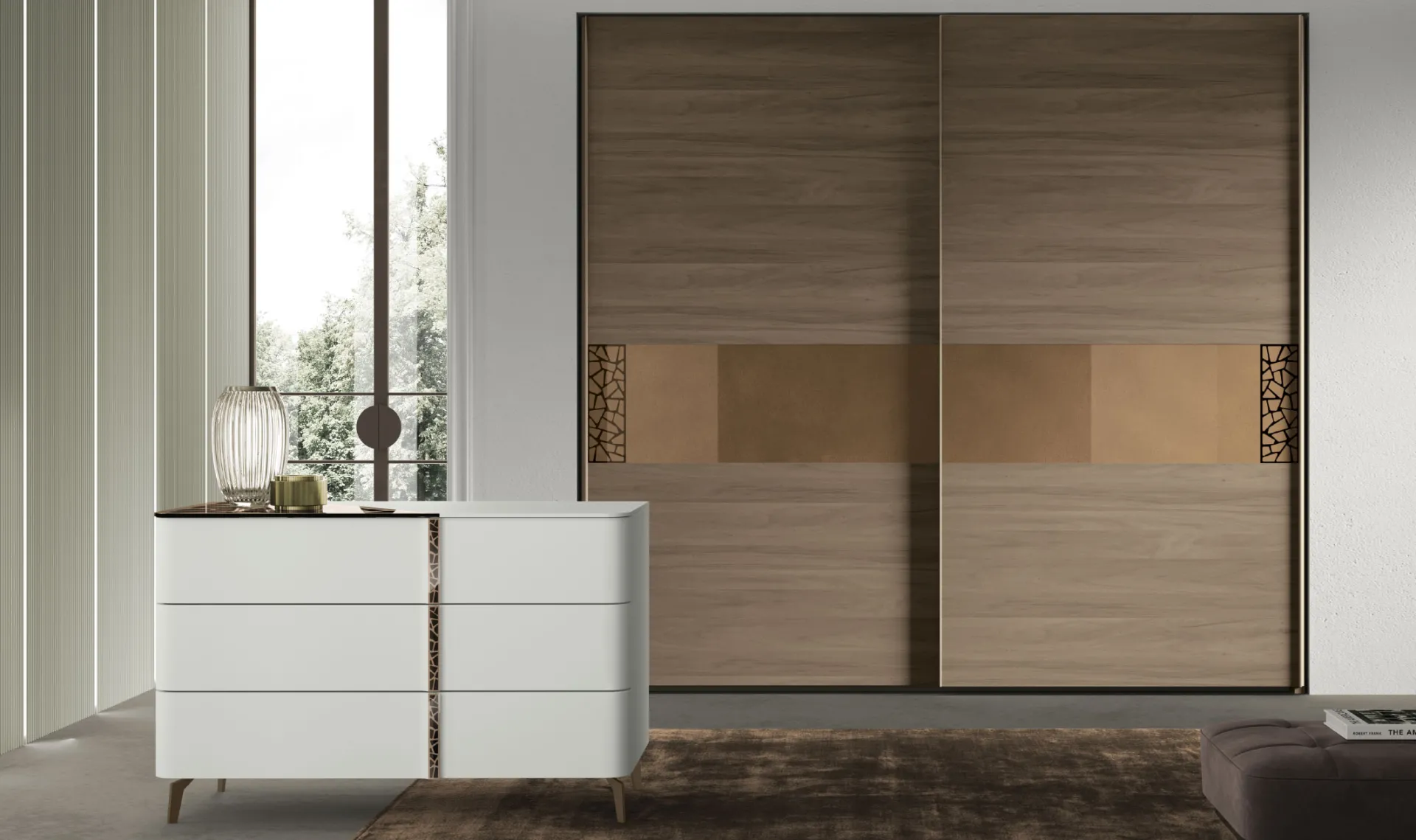 Armadio scorrevole Batik 03 Artigianmobili in noce chiaro con comò bianco