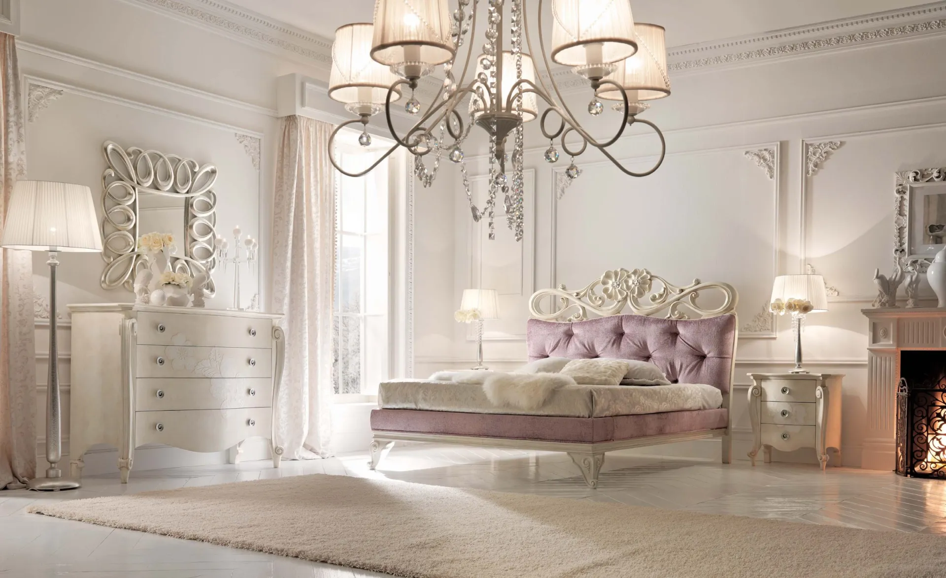 Camera La Vie en Rose con letto Charlotte Avenanti in tessuto glicine e comò Brigitte