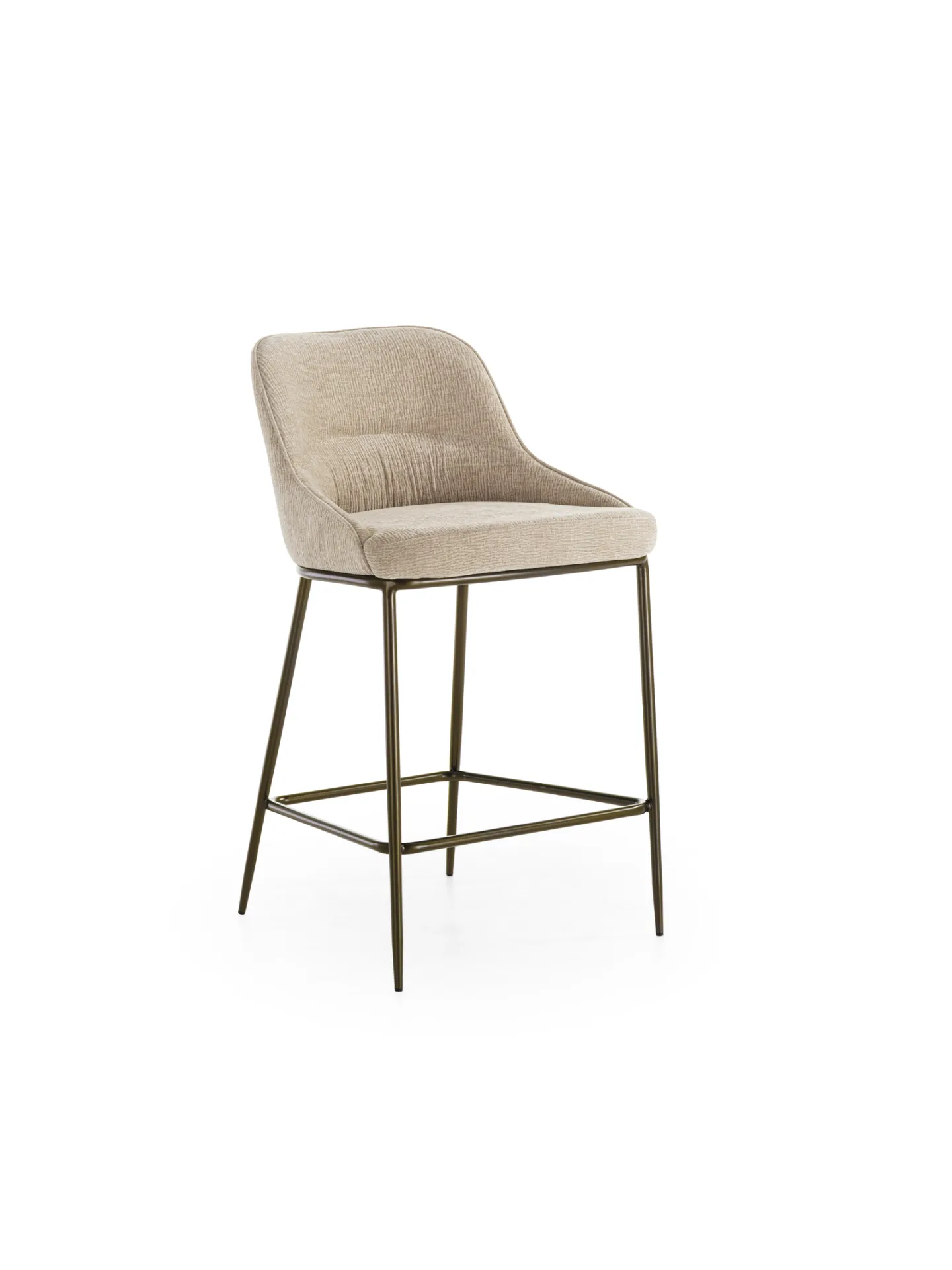 Sgabello Ginevra Stones in tessuto beige con gambe bronzo su fondo bianco