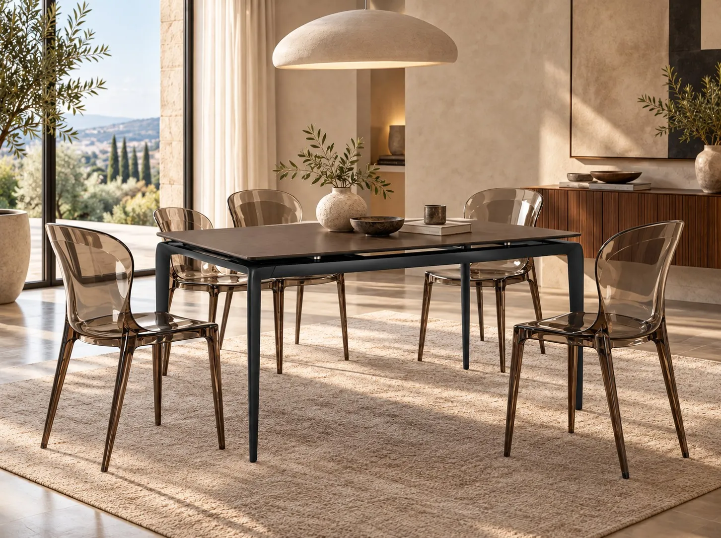 Tavolo allungabile Rail Stones con piano ruggine e struttura antracite in una sala da pranzo dai toni caldi