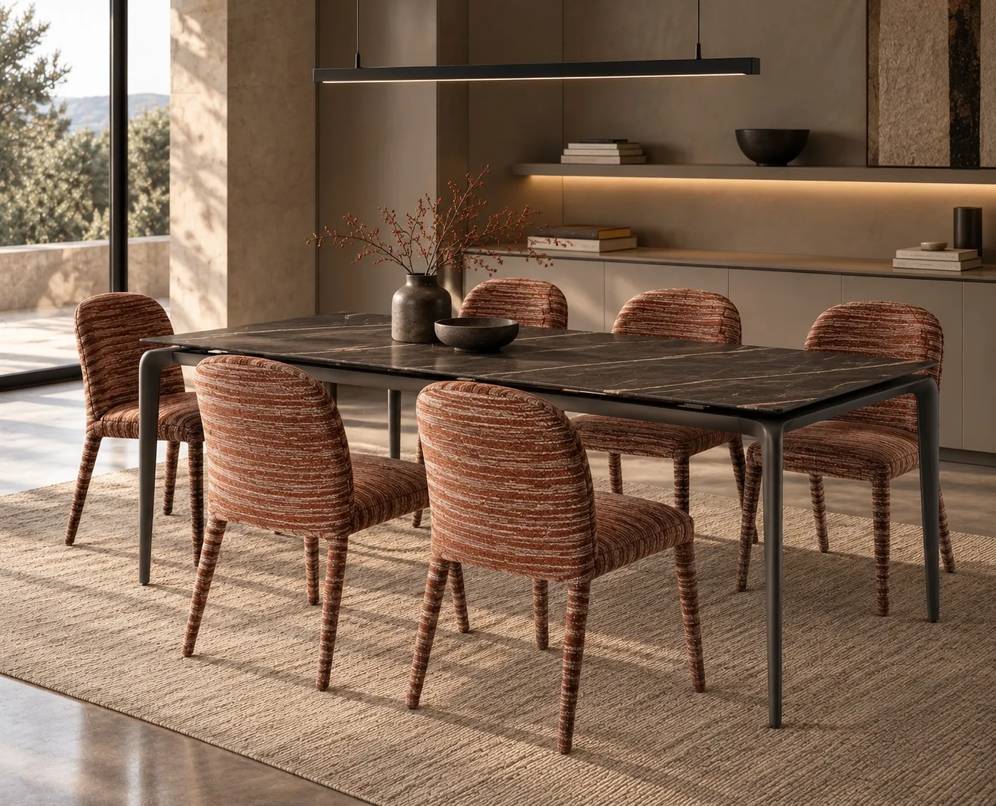 Tavolo Rail Stones in Portoro nero opaco con otto sedie a righe color ruggine