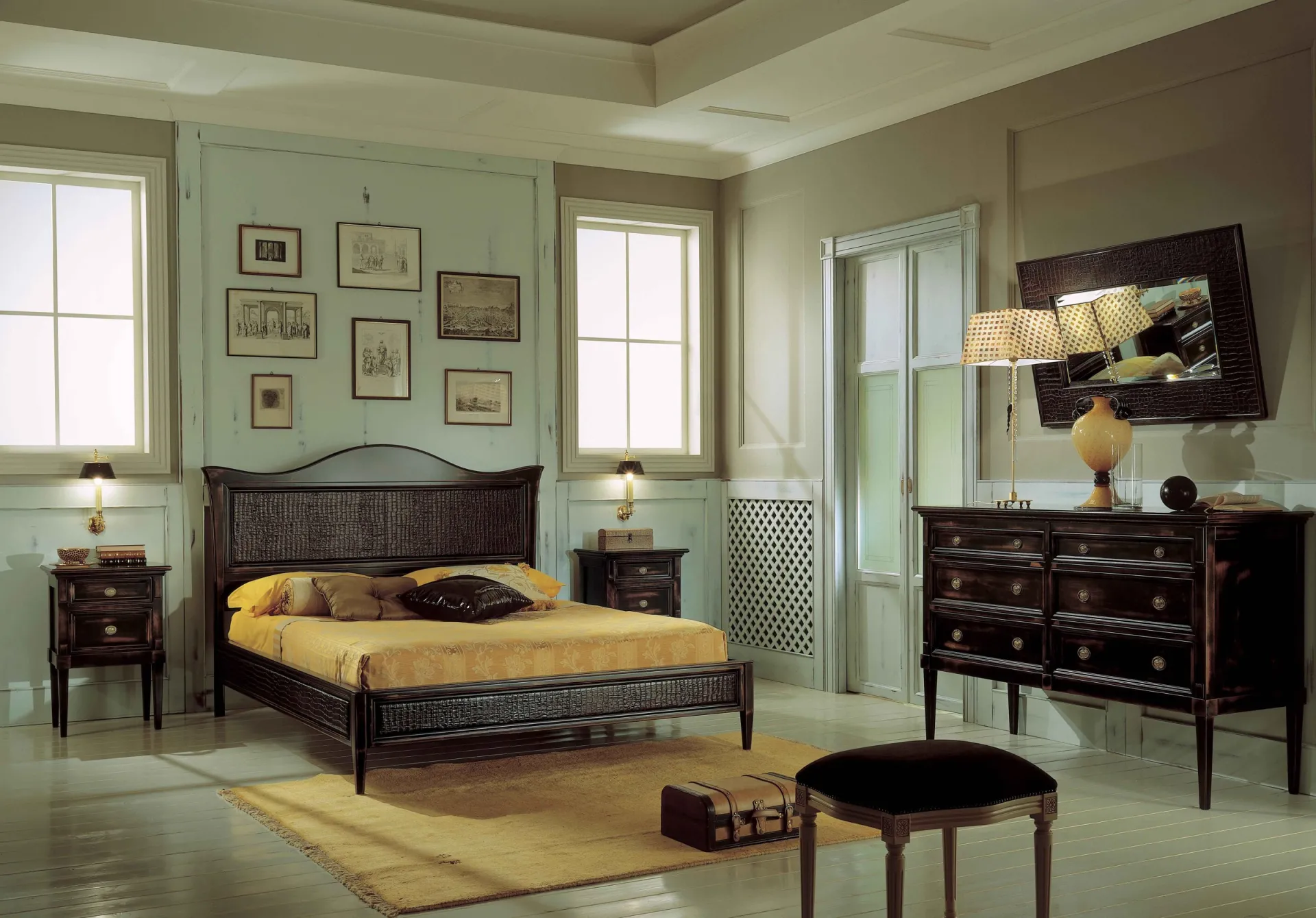 Camera da letto Vintage Avenanti con letto in legno scuro, comodini e comò