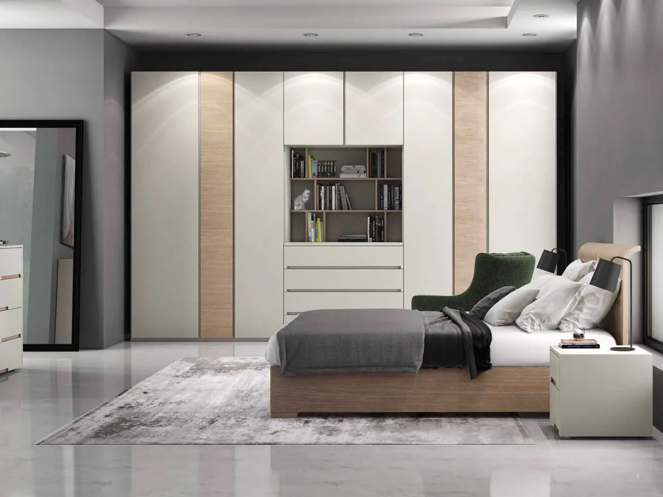 Armadio Plano Bernazzoli bianco con ante in rovere creta e vano libreria centrale in camera