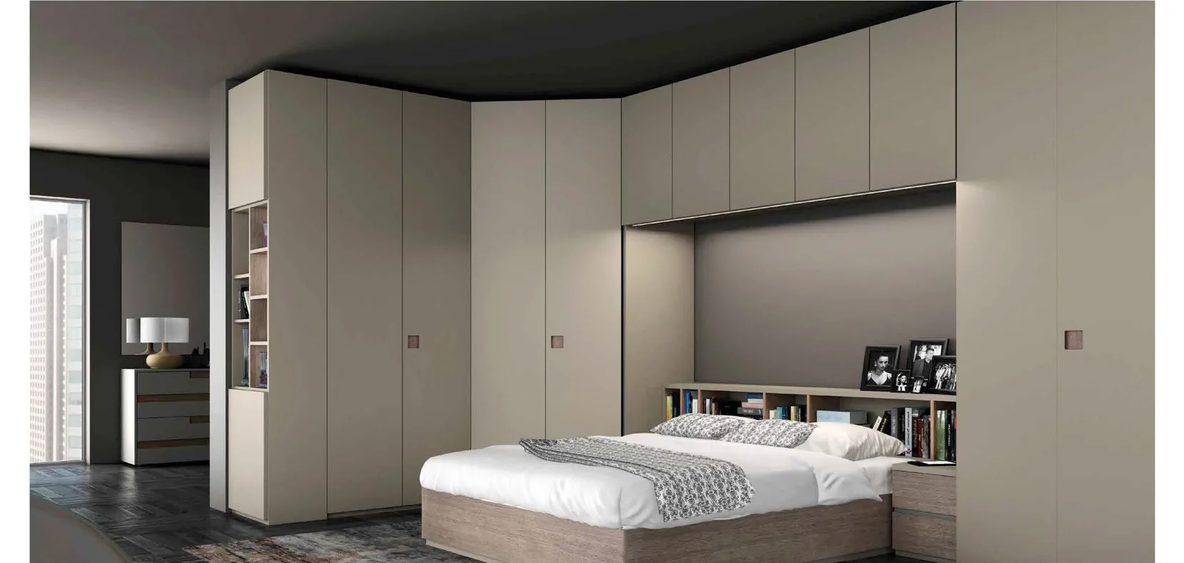 Armadio 900 Bernazzoli grigio a ponte sopra il letto in camera