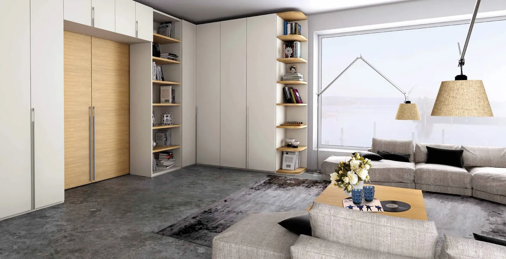Armadio 900 Bernazzoli bianco latte con ante in rovere champagne e libreria laterale