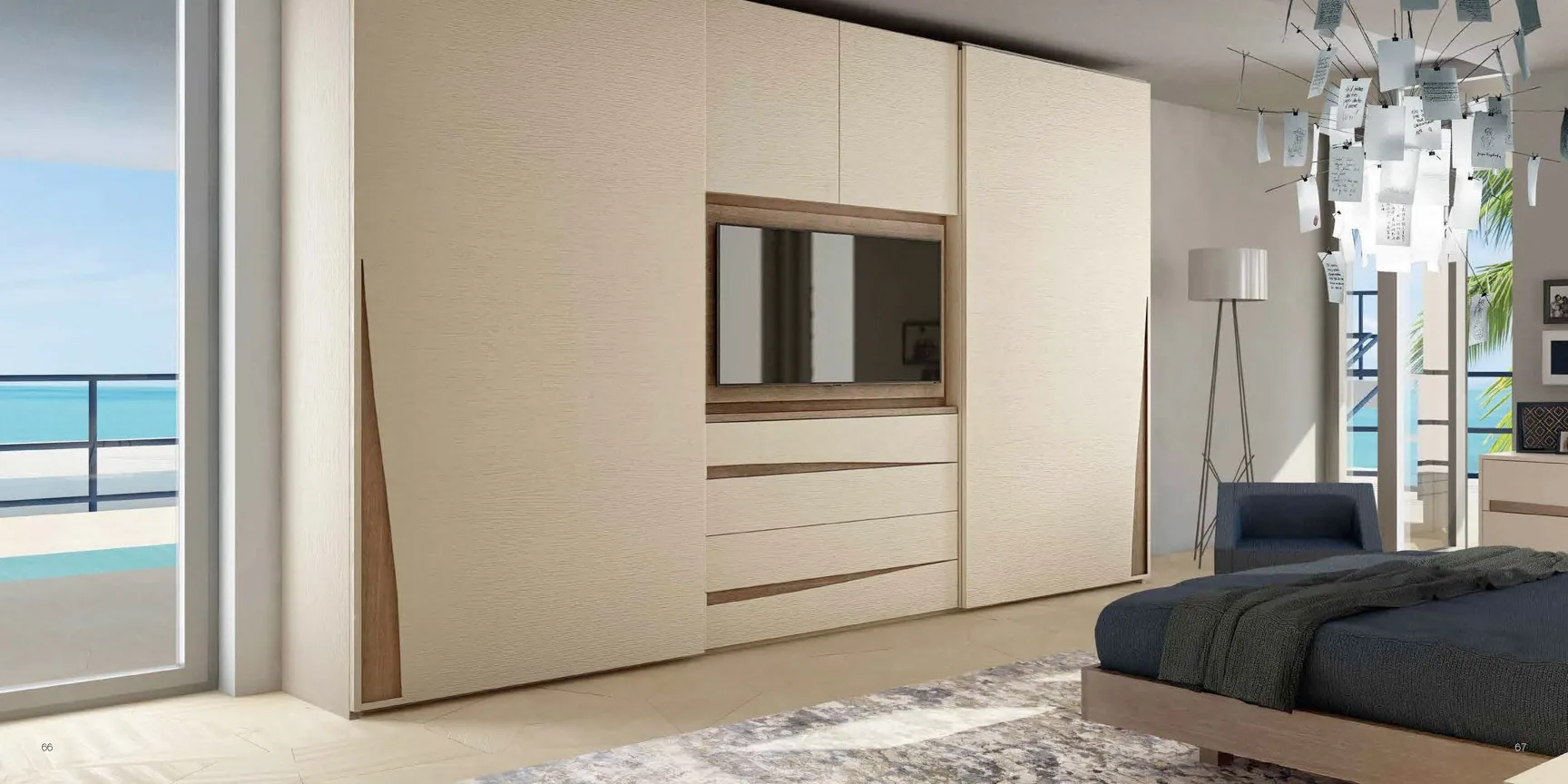 Armadio Sipario Bernazzoli in rovere beige cinese con vano tv e cassettiera in camera