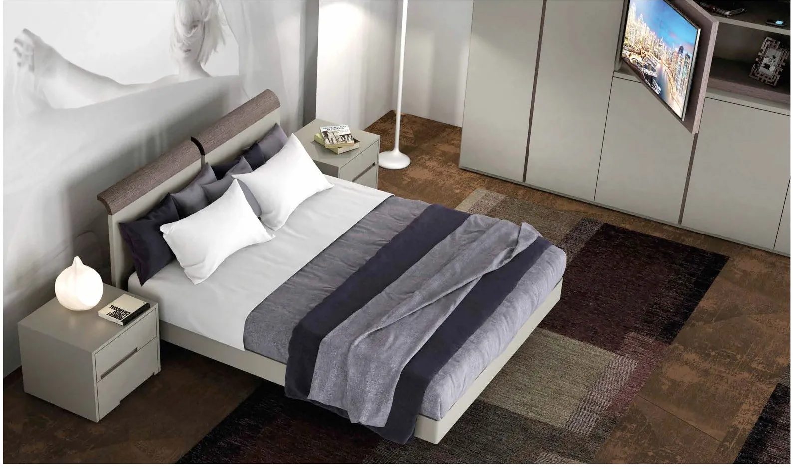 Letto Sintesi Bernazzoli con testata imbottita e comodino laccato grigio