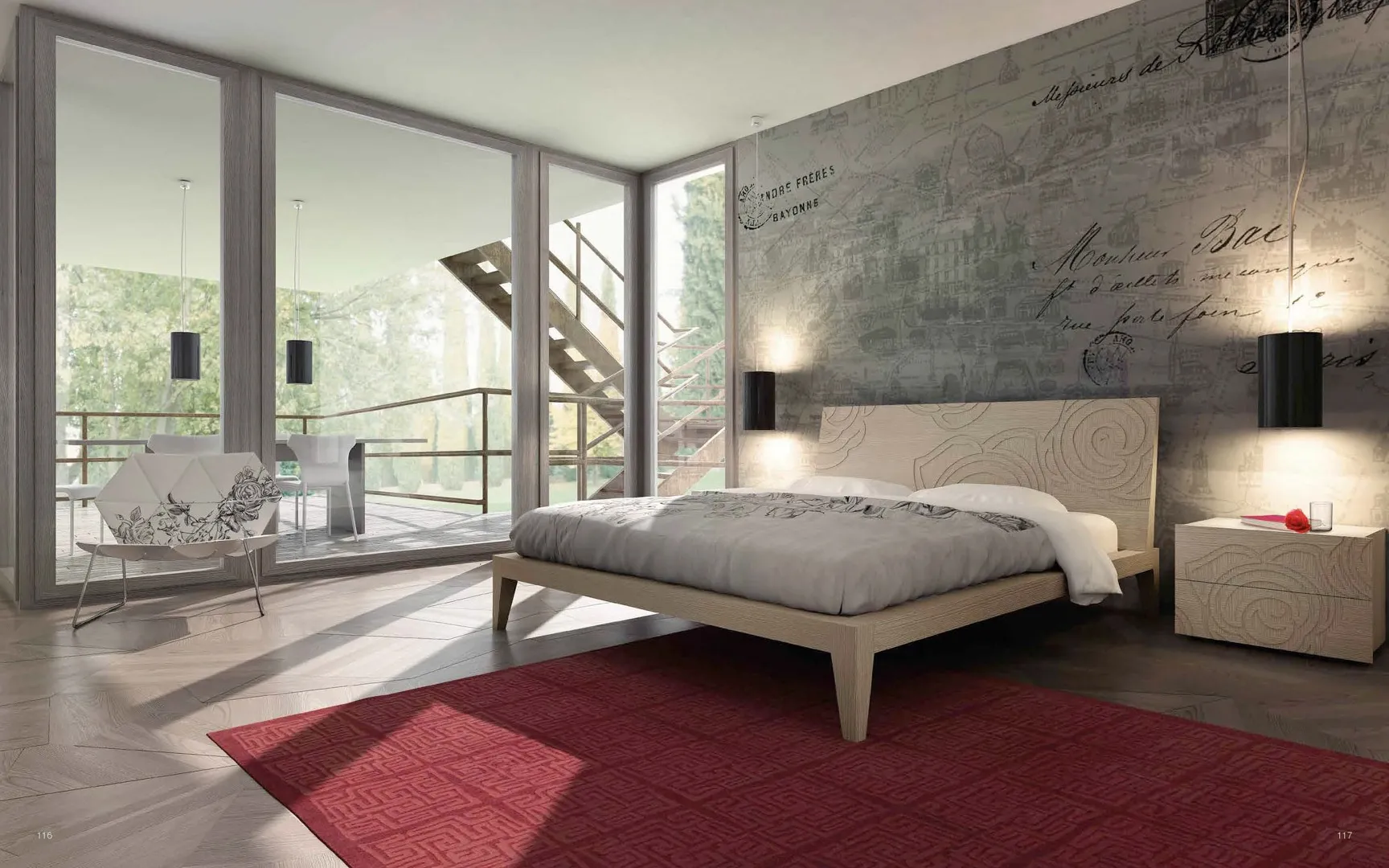 Camera Decò Bernazzoli con letto dalla testata decorata, comodino e tappeto rosso