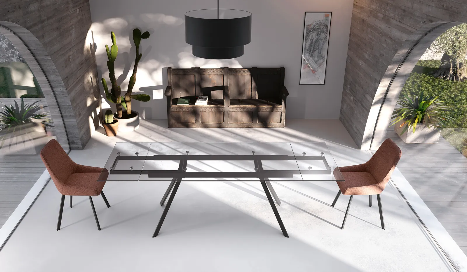 Tavolo allungabile Smokey Stones in vetro trasparente con gambe nere in un soggiorno con archi in mattoni
