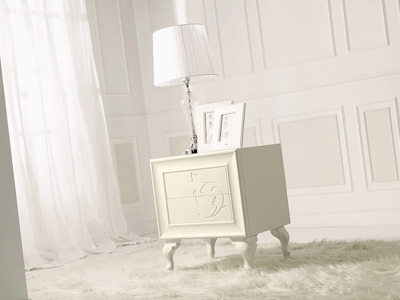 Comodino Leda Bernazzoli in pennellato bianco con decoro e gambe sagomate