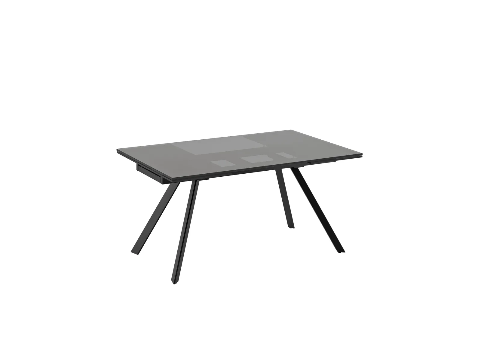 Tavolo allungabile Smokey Stones nero fumé con gambe divaricate su fondo bianco