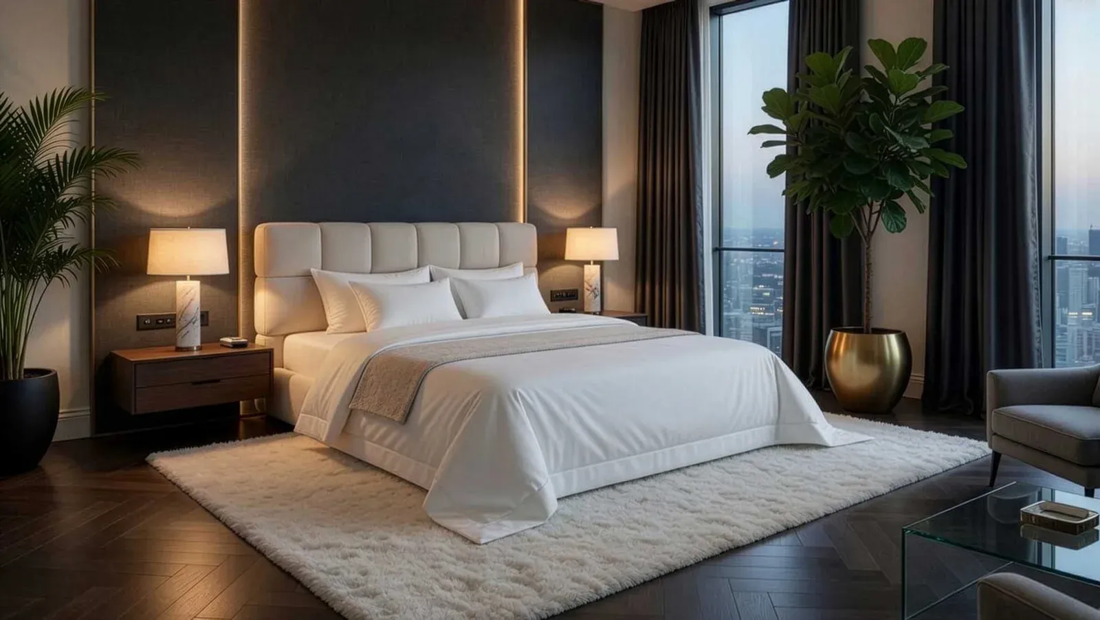 Letto imbottito Icon Bed Binomi bianco in una camera con vista sulla città