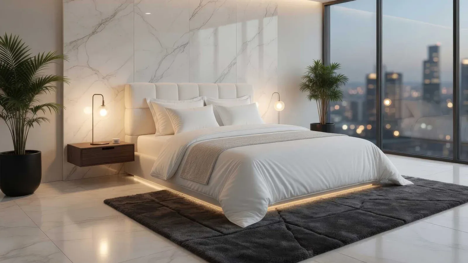Letto Icon Bed Binomi con testiera trapuntata e tappeto scuro