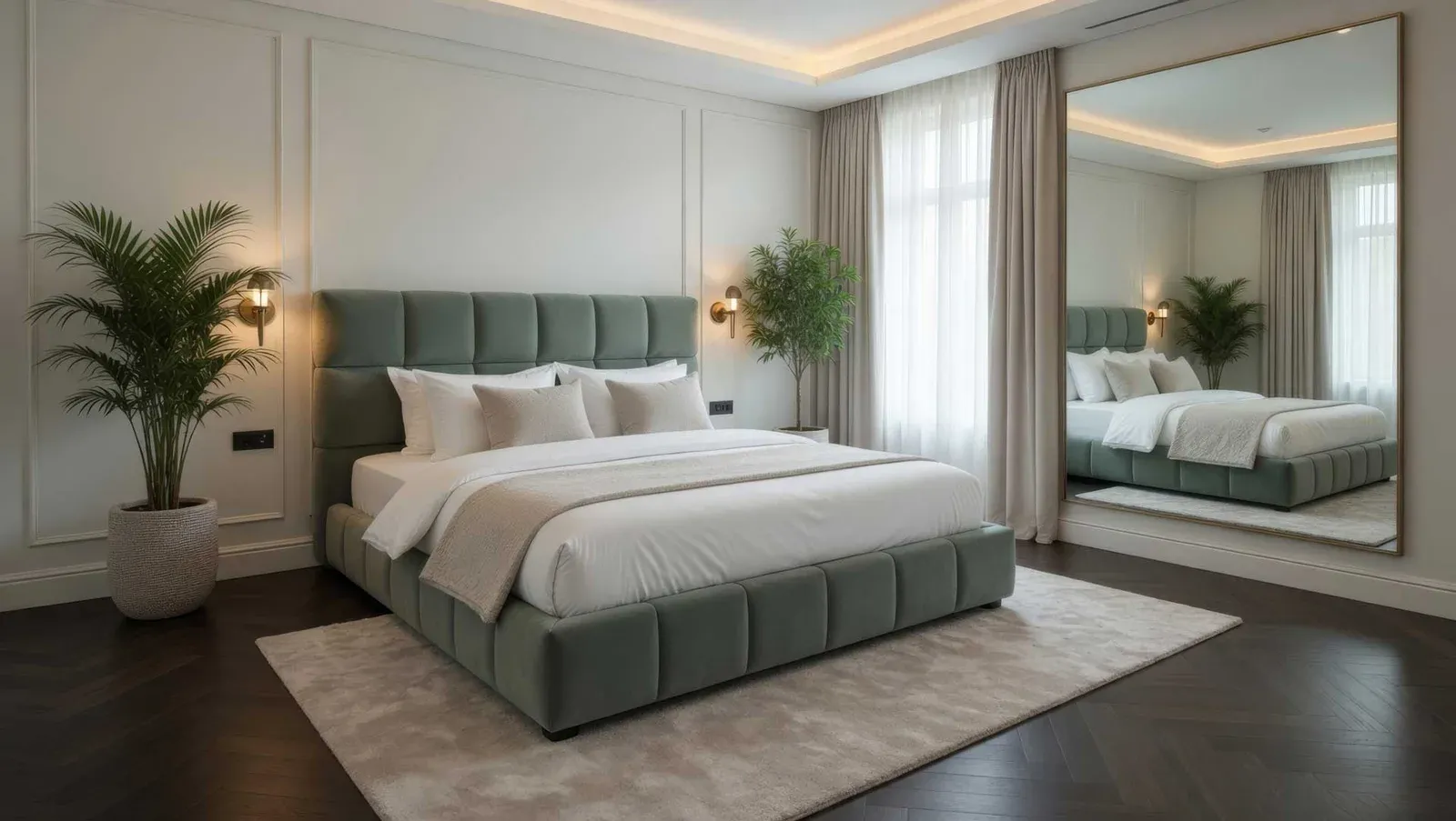 Letto Icon Bed Binomi verde salvia accanto a una grande finestra