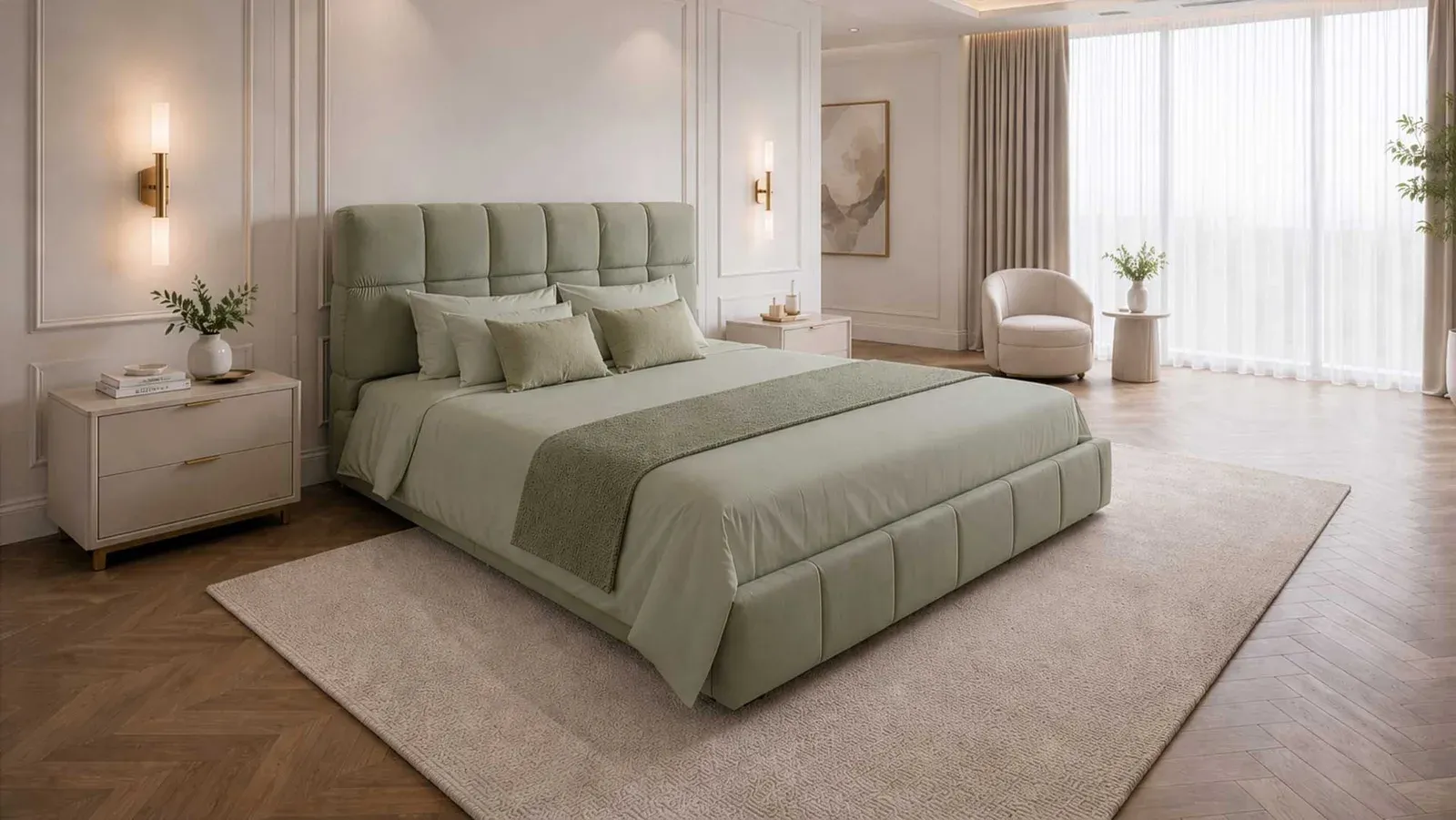 Letto Icon Bed Binomi verde chiaro con comodini in legno