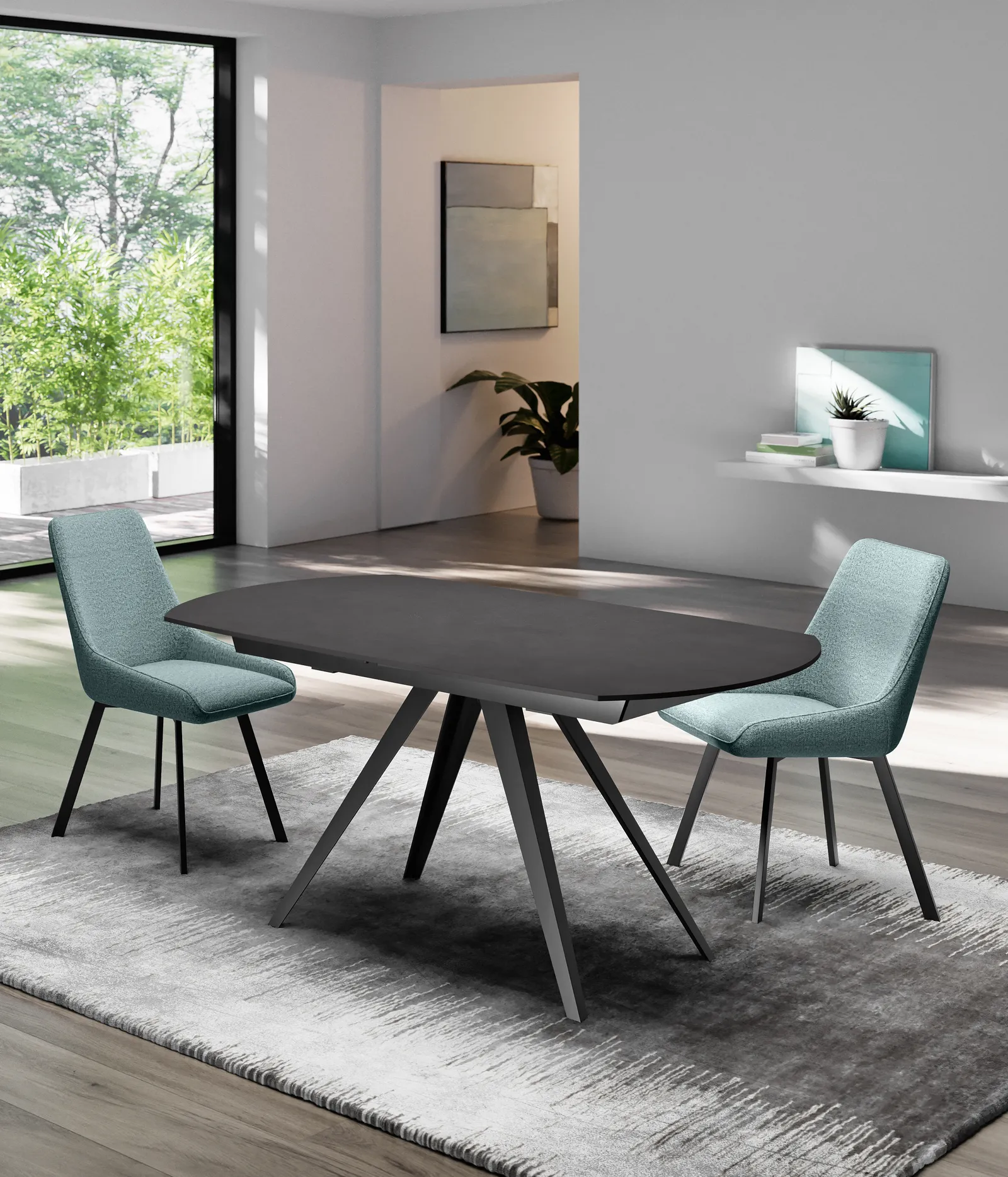 Tavolo Kyoto 120 Stones in ceramica effetto cemento grigio scuro con sedie azzurre