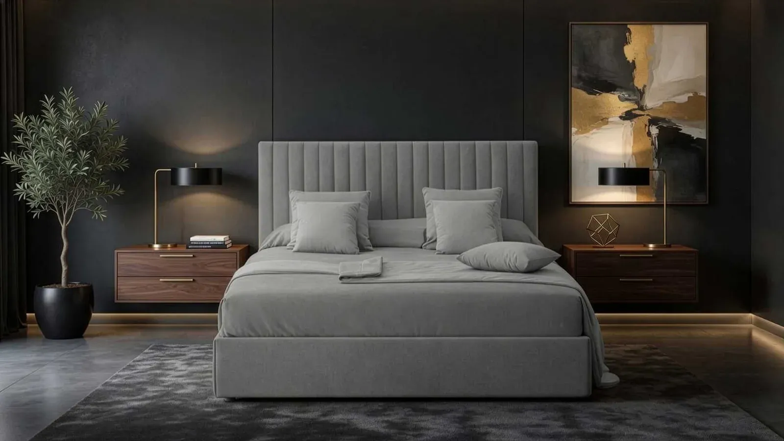 Letto imbottito Velvet Binomi grigio con testiera a canali verticali