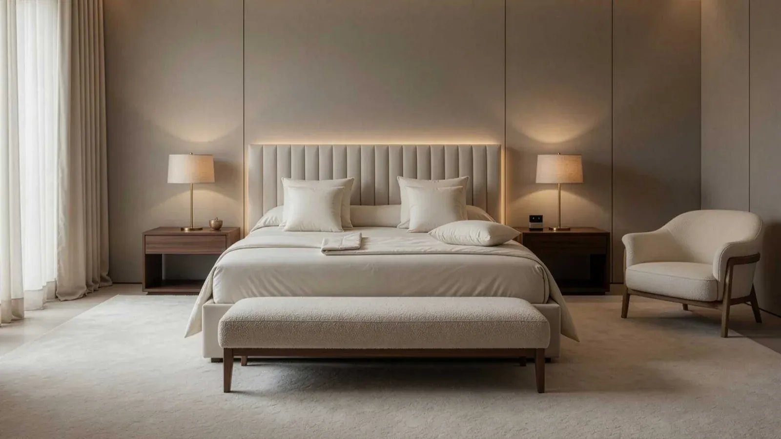Letto Velvet Binomi panna con panca ai piedi del letto