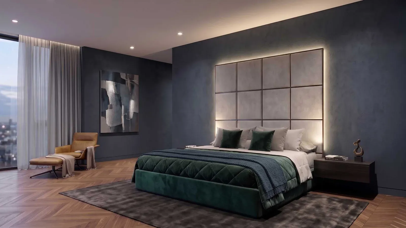 Letto Majestic Binomi su parete blu scuro con copriletto verde