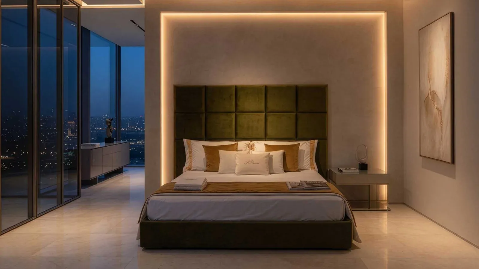 Letto Legend Binomi con testiera illuminata in una camera scura