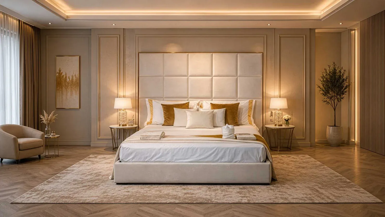 Letto Legend Binomi chiaro con tappeto e lampade da comodino