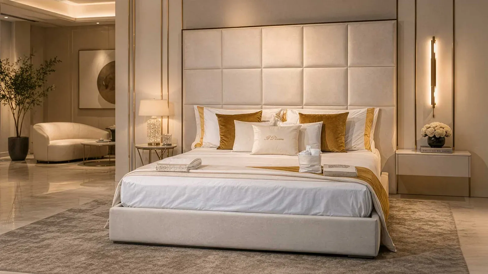 Letto Legend Binomi con testiera a pannelli e poltroncina sullo sfondo