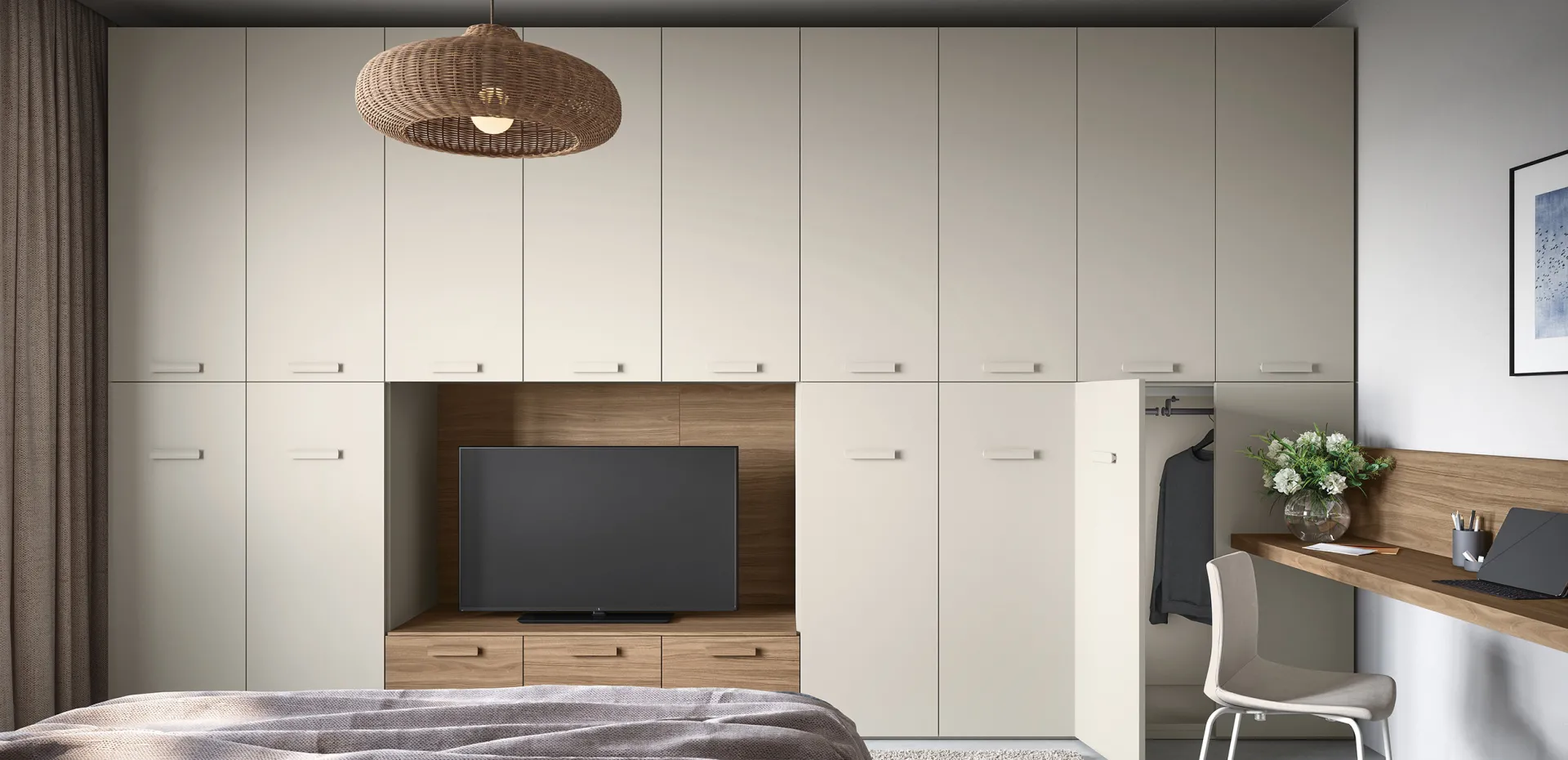 Armadio a ponte Cinquanta3 con televisore e piano da lavoro in camera da letto