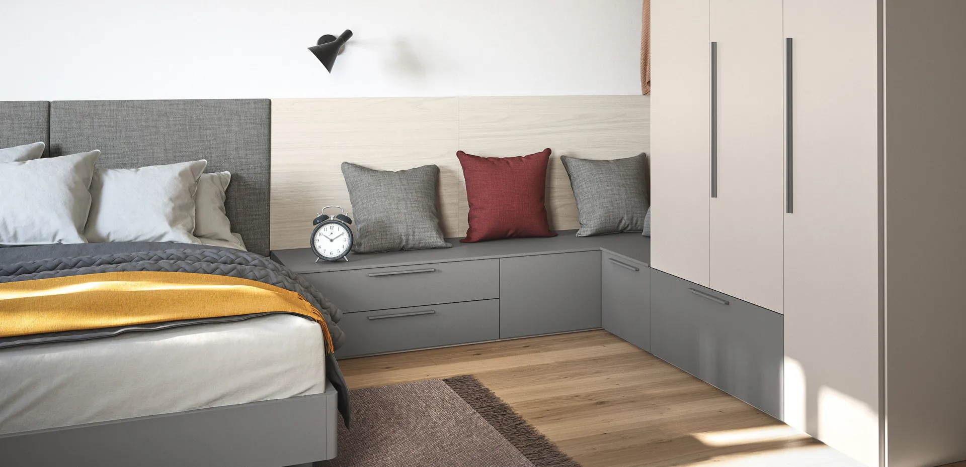 Basi armadio Cinquanta3 ad angolo con seduta imbottita ai piedi del letto