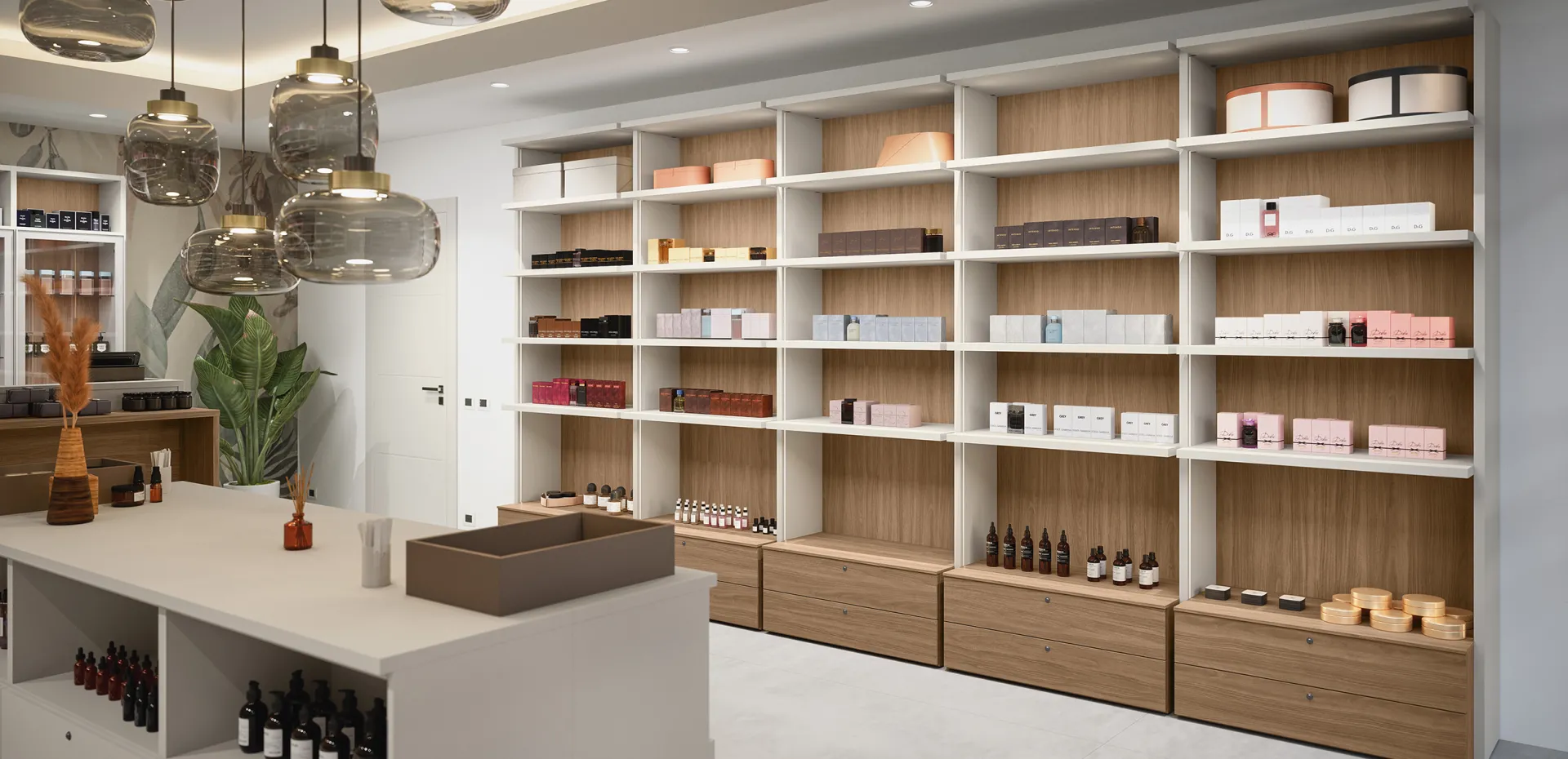 Cabina a spalla Cinquanta3 in ecolegno e bianco usata come espositore in negozio