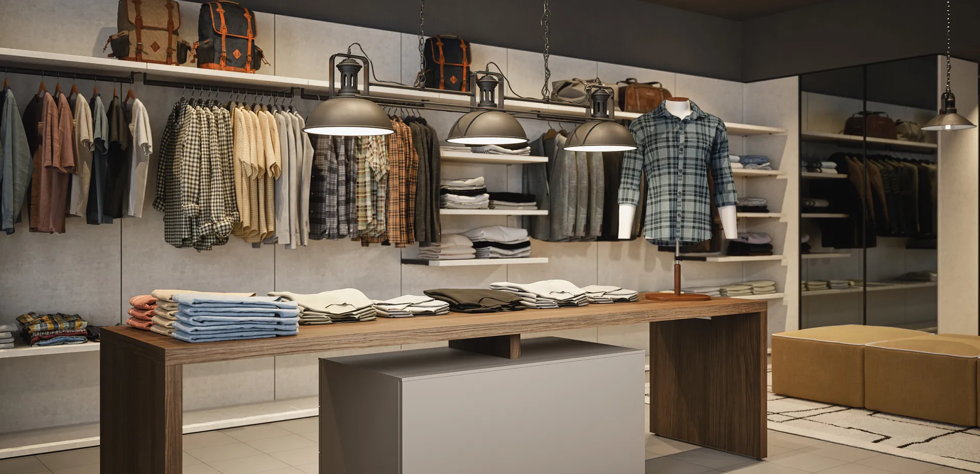 Cabina a cremagliera Cinquanta3 in negozio di abbigliamento con banco centrale