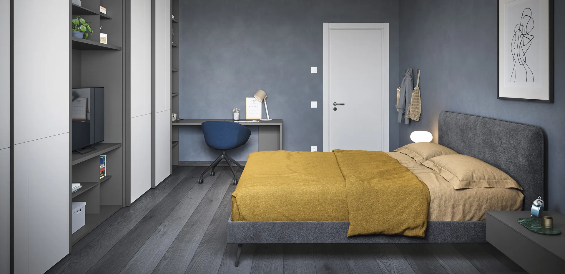 Letto imbottito Boston Cinquanta3 grigio scuro in camera con parete blu e armadio