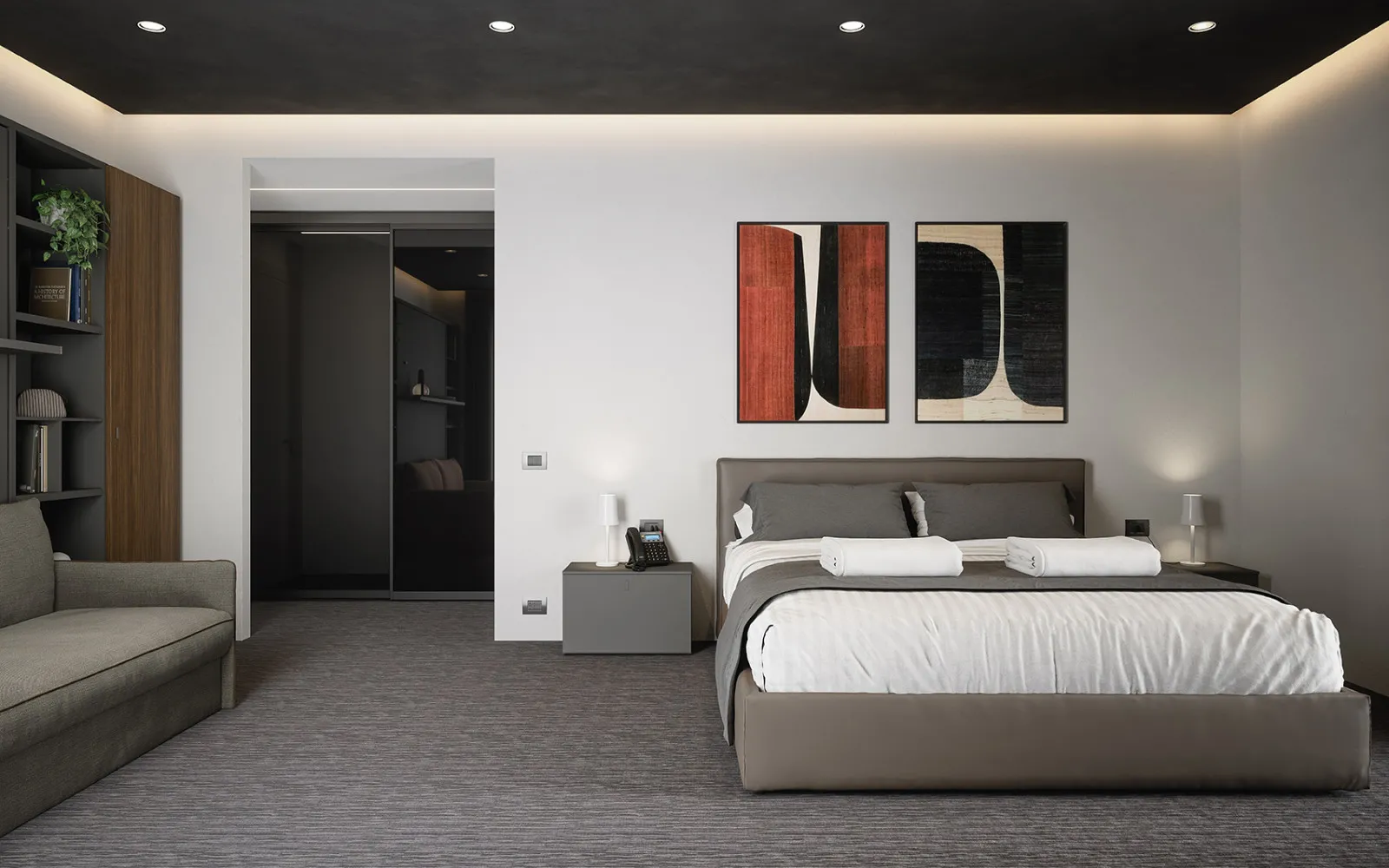 Letto imbottito Jerez Cinquanta3 grigio in camera d'albergo con cabina armadio
